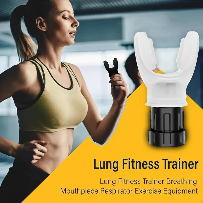 Woman exercising with a lung fitness trainer on a yellow background